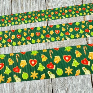 Christmas Cookie Baking On Green Printed Grosgrain Ribbon - 5/8&quot; - 7/8&quot; - 1.5&quot; - Sew - Craft - Christmas Cookie - Baking - Gift Wrap - Tags