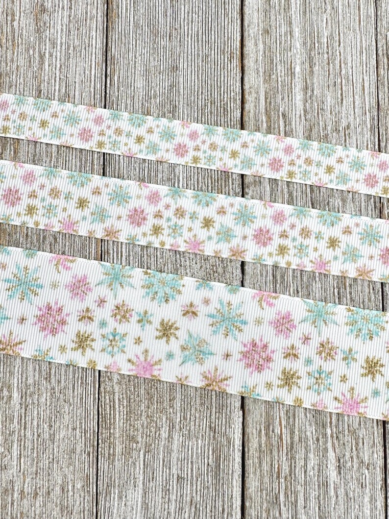 Pastel Winter Snowflakes Printed Grosgrain Christmas Ribbon: 5/8", 7/8", 1.5" - Winter Princess, Gift Wrap, Hair Bow, Dog Collar image 4