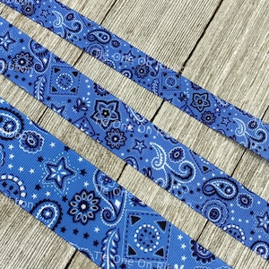 Medium Blue Bandana Cowgirl Cowboy Western Printed Grosgrain Ribbon -  5/8&quot; - 7/8&quot; - 1.5&quot; - Craft - Decor - Bows - Collars - Costume