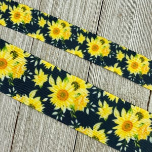SALE! 5 Yards Yellow Sunflowers on Black Printed Grosgrain Ribbon - 7/8&quot; - 1.5&quot;  - Craft - Bows - Dog Collar - Wreath - Gift Wrap - Tag