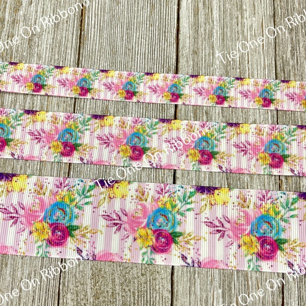 SALE! 5 Yards Vintage Roses On Pink Vertical Stripes Printed Grosgrain Ribbon -  5/8" - 7/8" - 1.5" - Sew - Craft- Hair Bow - Wrap - Tag