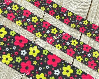 SALE! 5 Yards Pink & Yellow Flowers on Black Background Printed Grosgrain Ribbon - 5/8" - 7/8" - 1" - 1.5" - Sew - Craft - Bow Collar - Wrap