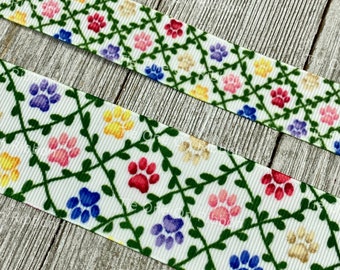 Green Vine Checks With Colorful Dog Paw Prints On Background Printed Grosgrain Ribbon - 7/8" - 1.5"- Sew - Craft - Decor - Collar - Bow