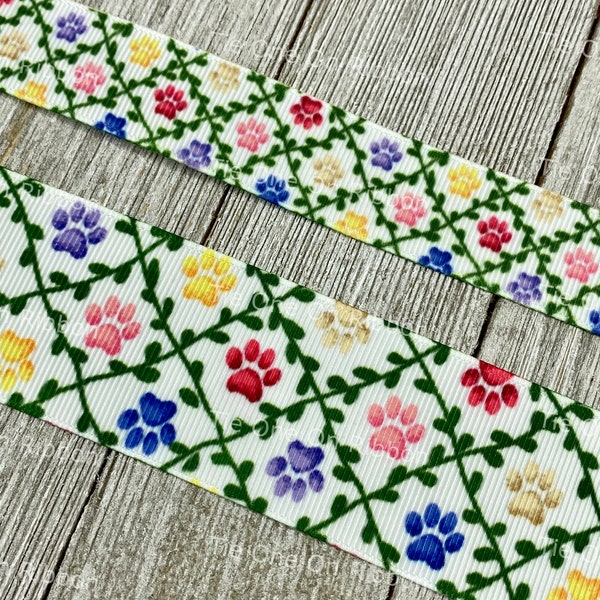 Green Vine Checks With Colorful Dog Paw Prints On Background Printed Grosgrain Ribbon - 7/8" - 1.5"- Sew - Craft - Decor - Collar - Bow