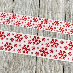 Rode sneeuwvlokken op wit bedrukt grosgrain lint - 7/8 - 1,5&quot; - naai - ambacht - feestdecor - cadeaupapier - kerstlint
