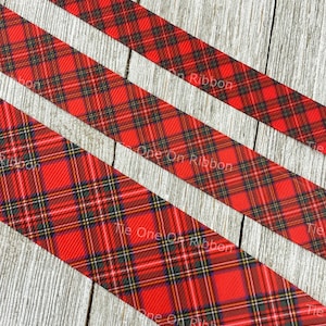 Diagonal Red Scottish Plaid Printed Grosgrain Ribbon -  5/8&quot; - 7/8&quot; - 1.5&quot; - Sewing - Crafting - Decor - Bow - Gift Wrap - Wreath - Collar