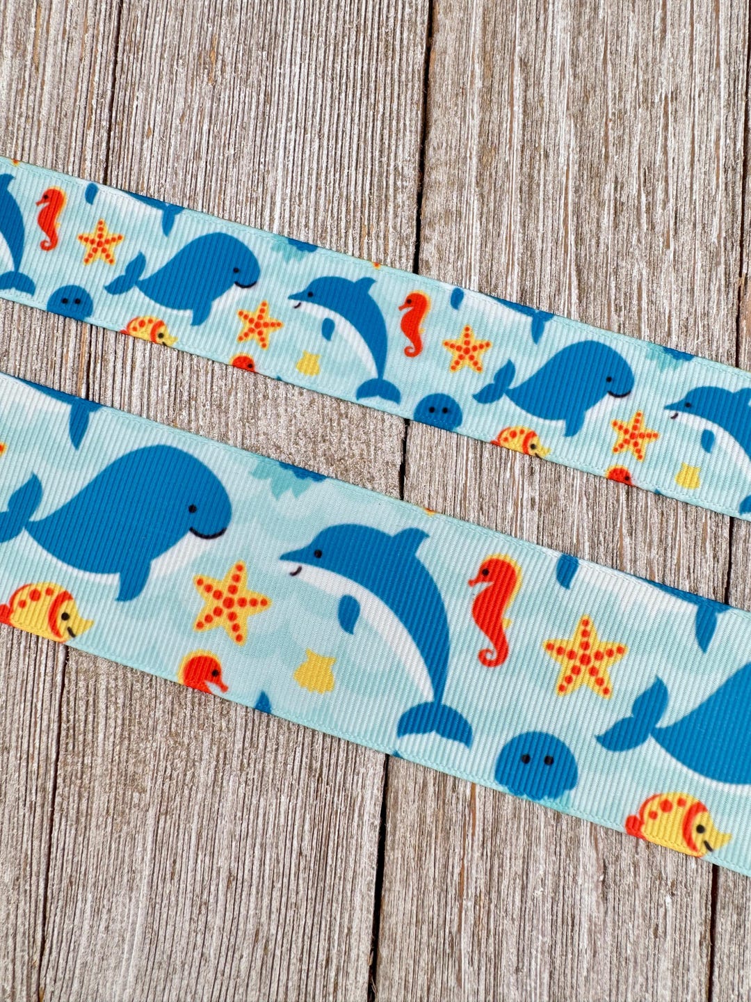 Lot 2 Large Dolphin Whale Starfish Print Grosgrain Ribbon - 7/8