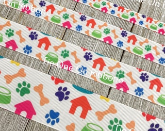 Cinta de grosgrain estampada con huesitos, casita para perros, comedero y huellas de patas - 3/8" - 5/8" - 7/8" - 1.5" - Para coser, manualidades, collares, lazos y envoltorios de regalo -