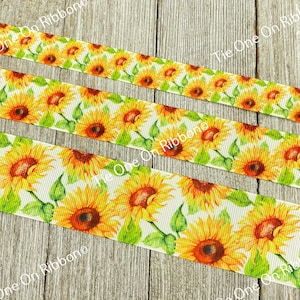 Yellow Sunflowers Floral Print On White Grosgrain Ribbon - 5/8&quot; - 1&quot; - 1.5&quot; Sewing - Crafting - Decorating - Wedding - Shower - Bow - Wrap