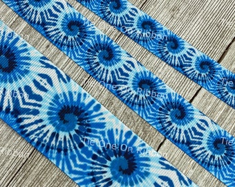 Waves of Blue Tie Dye Swirls Printed Grosgrain Ribbon - 5/8" - 7/8" - 1.5" - Sewing - Crafting - Decorating - Bow - Cheer Bow - Tag - Collar