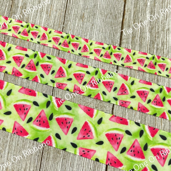 Sale! 3 or 5 Yards Summer Watermelon & Seeds on Green Grosgrain Ribbon - 5/8" - 7/8" - 1" - 1.5"  - Crafting - Decor - Bows - Collars