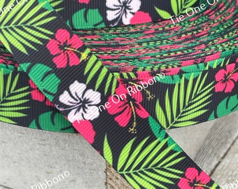 Hibiscus Green Palms On Black Printed Grosgrain Ribbon- 7/8"- Sew - Craft - Decor - Bow - Tag - Luau - Printed Ribbon - Collar - Tropical