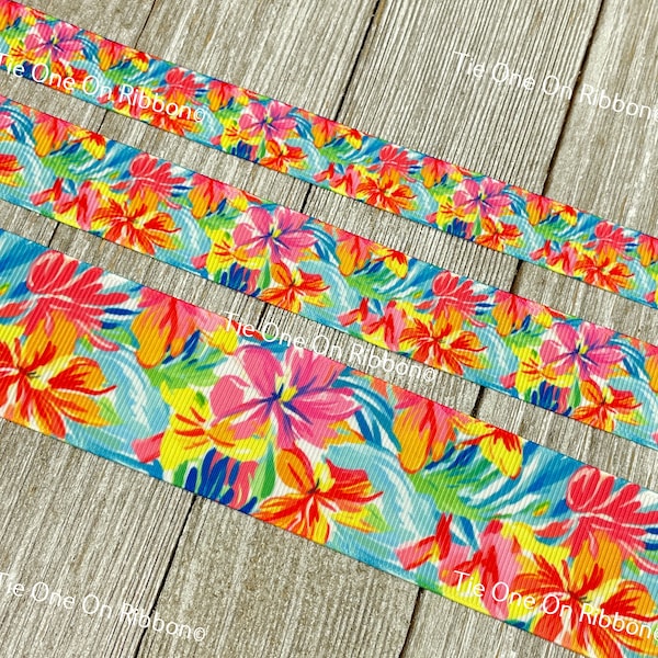 Bright Hibiscus Flowers On  Blue Print Grosgrain Ribbon - 5/8" - 7/8" - 1.5"  - Sew - Craft - Tropical -  Bow - Tag - Collar - Hawaii - Wrap