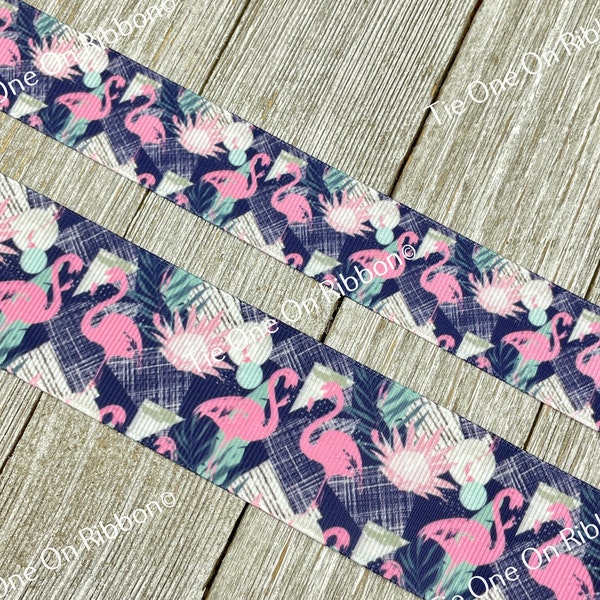 Pink Flamingos on Navy Background Ribbon - 1 & 1.5 Inch - Sewing - Crafting - Decorating - Bow - Collar - Wreath - Scrapbook