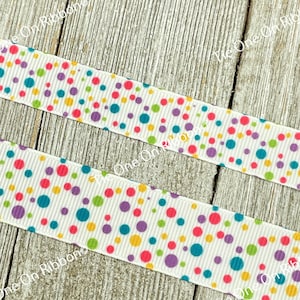 Bright Celebration Confetti Dots On White Printed Grosgrain Ribbon - 5/8&quot; - 7/8&quot;- Sewing - Craft - Decorating - Bow - Party Favor