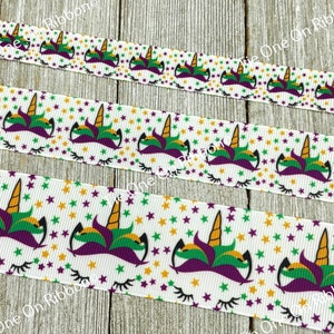 SALE! 5 Yards Mardi Gras Unicorn And Confetti Printed Grosgrain Ribbon - 5/8" - 1" - 1.5" - Sewing - Crafting - Bow - Hair Ribbon - Wreath