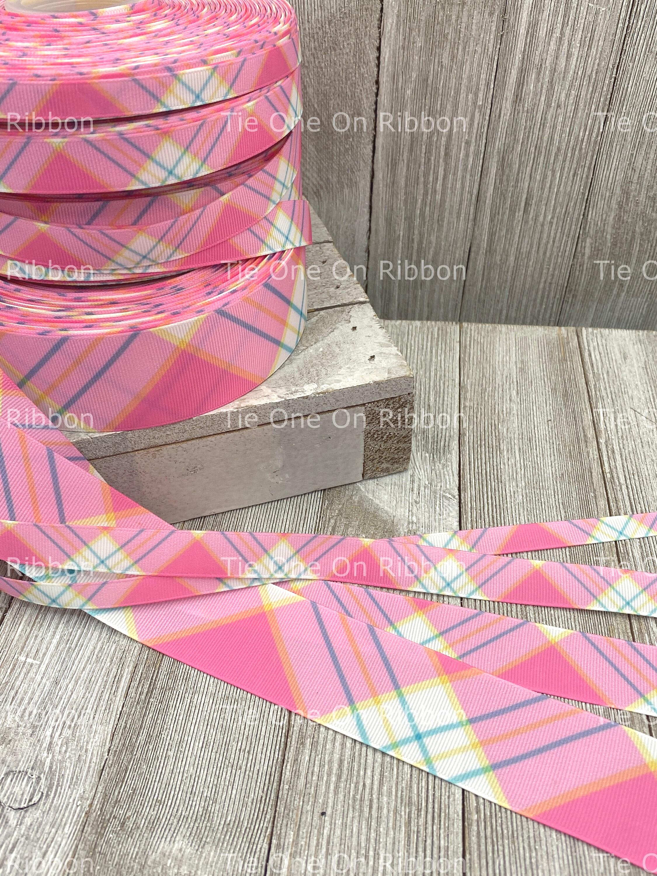 Pink Plaid Pattern Ribbon Pink and Blue Spring Plaid Printed Grosgrain Ribbon - 3/8