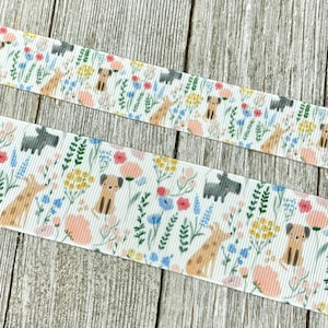Pastel Dog, Puppies and Flowers Printed Ribbon On White Grosgrain -  7/8&quot; - 1.5&quot; - Sew - Crafting - Decorating - Scrapbooking - Bow - Collar