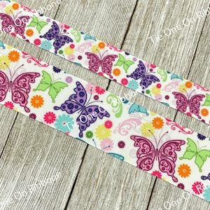 Verkauf! 5 Meter bunte Schmetterlinge auf weiß bedrucktes Ripsband - 2,0 - 3,5 cm - Nähen - Basteln - Dekorieren - Schleifen - Kinderzimmer