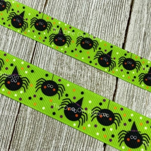Halloween Spiders on Dotted Green  Printed Grosgrain Ribbon -  5/8&quot; - 7/8&quot; - Sewing - Crafting - Decorating - Luggage - Decor