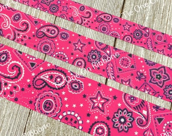 Pink Bandana Cowgirl Western Printed Grosgrain - 5/8" - 7/8" - 1" - 1.5" - Sew - Craft - Decor - Scrapbook - Tags - Key Fob - Bow - Collar