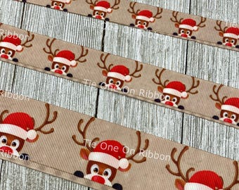 Lot 1 Peeking Reindeer Christmas Printed Grosgrain Ribbon - 5/8" - 7/8" - 1.5" -- Sew - Craft - Party - Collar - Hair Bow - Gift Wrap
