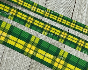 Ruban gros-grain imprimé écossais vert et jaune - 5/8" - 7/8" - 1,5" - Couture - Artisanat - Décoration - Noeud - Noeud - Fête - Football - Ruban pour les cheveux