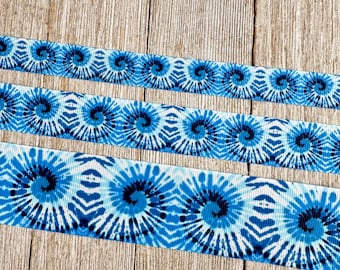 Waves of Blue Tie Dye Swirl Printed Grosgrain Ribbon - 5/8&quot; - 7/8&quot; - 1.5&quot; - Sew - Craft - Hair Bow - Cheer Bow - Tag - Collar