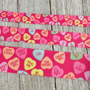 Conversation Hearts On Hot Pink Printed Grosgrain Ribbon: 5/8", 7/8", 1.5", Gift Wrap, Dog Collar, Hair Bow