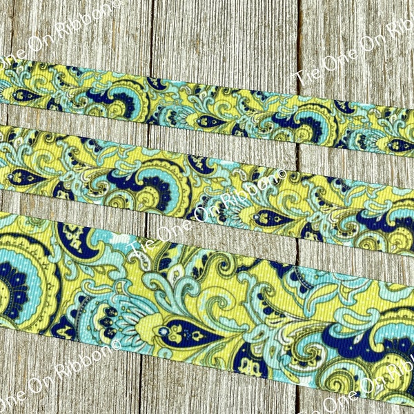 Yellow, Navy And Aqua Floral Paisley Printed Grosgrain Ribbon - 5/8"- 7/8" - 1" - 1.5" - Sewing - Crafting - Decor - Bows - Scrapbook