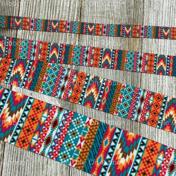 Southwest Aztec Tribal Stripes Printed Grosgrain Ribbon -  3/8 - 5/8 - 7/8 - 1 - 1.5 Inch - Sewing - Crafting - Decor - Hair Bow - Gift Wrap
