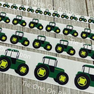 Green Tractor Farmer Printed Grosgrain Ribbon -  3/8&quot; - 5/8&quot; - 7/8&quot; - 1.5&quot; - Sew - Craft - Hair Bow - Wrap - Printed Ribbon - Gender Reveal