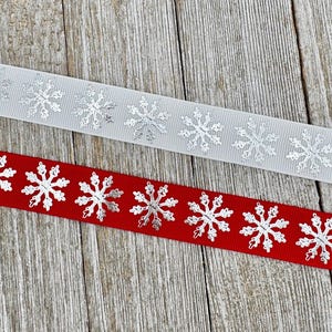 Choice of Red or White Shining Silver Foil Snowflakes on Colored Grosgrain Ribbon, 7/8&quot;, Craft Ribbon, Gift Wrap, Ornament - Dog Collar