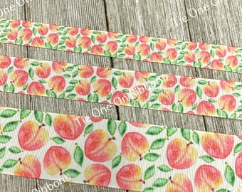 Fresh Peaches Summer Fruit Printed Grosgrain Ribbon -  5/8" - 7/8" - 1.5" - Craft - Decor - Bow - Lanyard - Luggage - Jam Jars - Gift Wrap