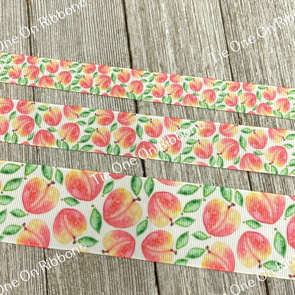 Fresh Peaches Summer Fruit Printed Grosgrain Ribbon -  5/8" - 7/8" - 1.5" - Craft - Decor - Bow - Lanyard - Luggage - Jam Jars - Gift Wrap