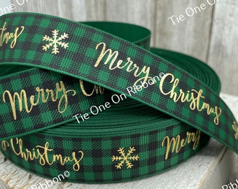 Ruban gros-grain vert uni à carreaux noirs et feuille d'or gros-grain imprimé « Joyeux Noël » - 2,5 cm - à coudre - Artisanat - Noeud - Emballage cadeau - étiquette