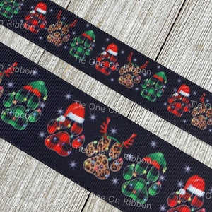 Festive Holiday Dog Paw Prints Lit Up On Black Background Printed Grosgrain Ribbon 7/8 1.5 Sew Craft Decor Collar Leash image 2