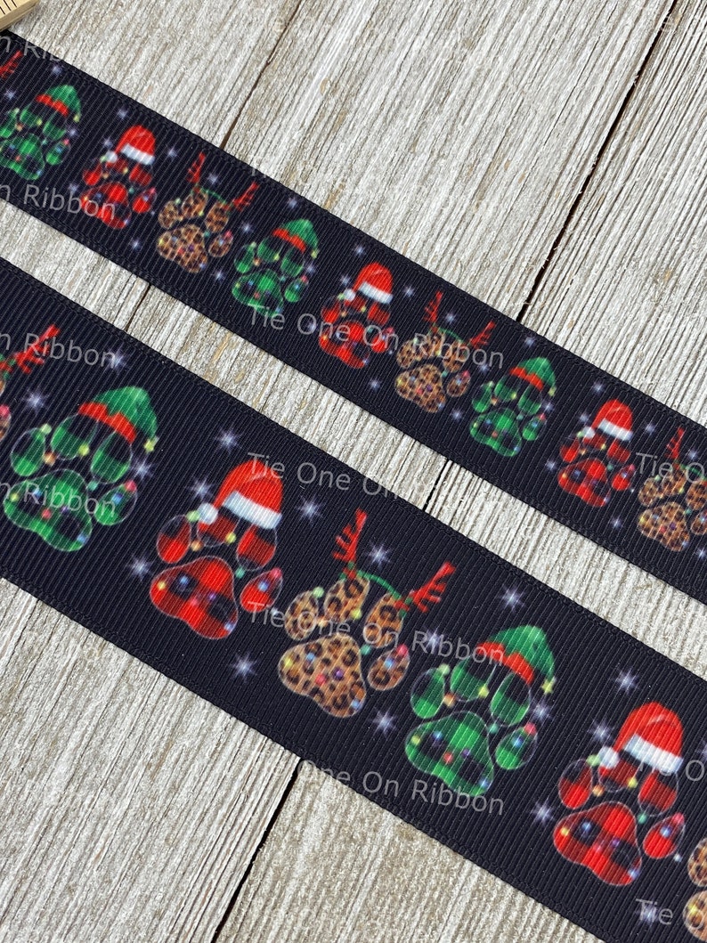 Festive Holiday Dog Paw Prints Lit Up On Black Background Printed Grosgrain Ribbon 7/8 1.5 Sew Craft Decor Collar Leash image 2