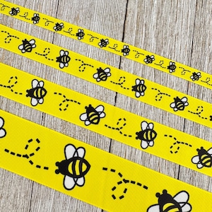 Lot 2 Yellow & Black Bumble Bee Animal Printed Grosgrain Ribbon - 3/8&quot; - 5/8&quot; - 7/8&quot; - 1.5&quot; - Sew - Craft - Bows - Collar - Wreath - Wrap