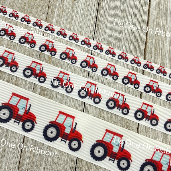 Red Tractor Farmer Printed Grosgrain Ribbon -  3/8" - 5/8" - 7/8" - 1.5" - Craft - Bow - Wrap - Diaper Cake - Gift Wrap - Tag - Scrapbook