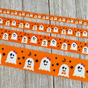 Cute Ghosts Trick Or Treat Orange Background Printed Grosgrain Ribbon:  5/8&quot; - 7/8&quot; -  1.5&quot; -  Craft Ribbon - Hair Bow - Party Decor - Wrap