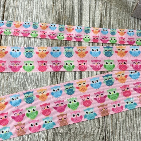 SALE! 5 Yards Cute Winking Owls on Pink Printed Grosgrain Ribbon -  5/8 - 1 - 1.5 Inch - Sewing - Crafting - Bow - Nursery