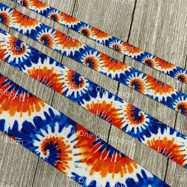 Oranje en blauw op wit tie-dye bedrukt grosgrain lint - 3/8" - 5/8" - 7/8" - 1,5" - Craft - Decor - Bow - Key Fob - Party - Cadeauverpakking
