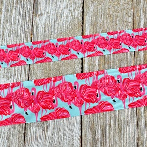SALE! 5 Yards Bright Pink Flamingos On Blue Printed Grosgrain Ribbon - 7/8&quot; - 1.5&quot; - Sew - Crafts - Decor - Tags - Bows - Collars