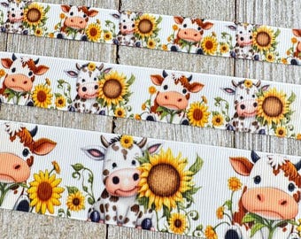 Cow & Sunflower Print Animal Grosgrain Printed Ribbon - 5/8" - 7/8" - 1.5" - Sew - Craft - Tag - Bow - Diaper Cake - Baby Shower - Gift Wrap