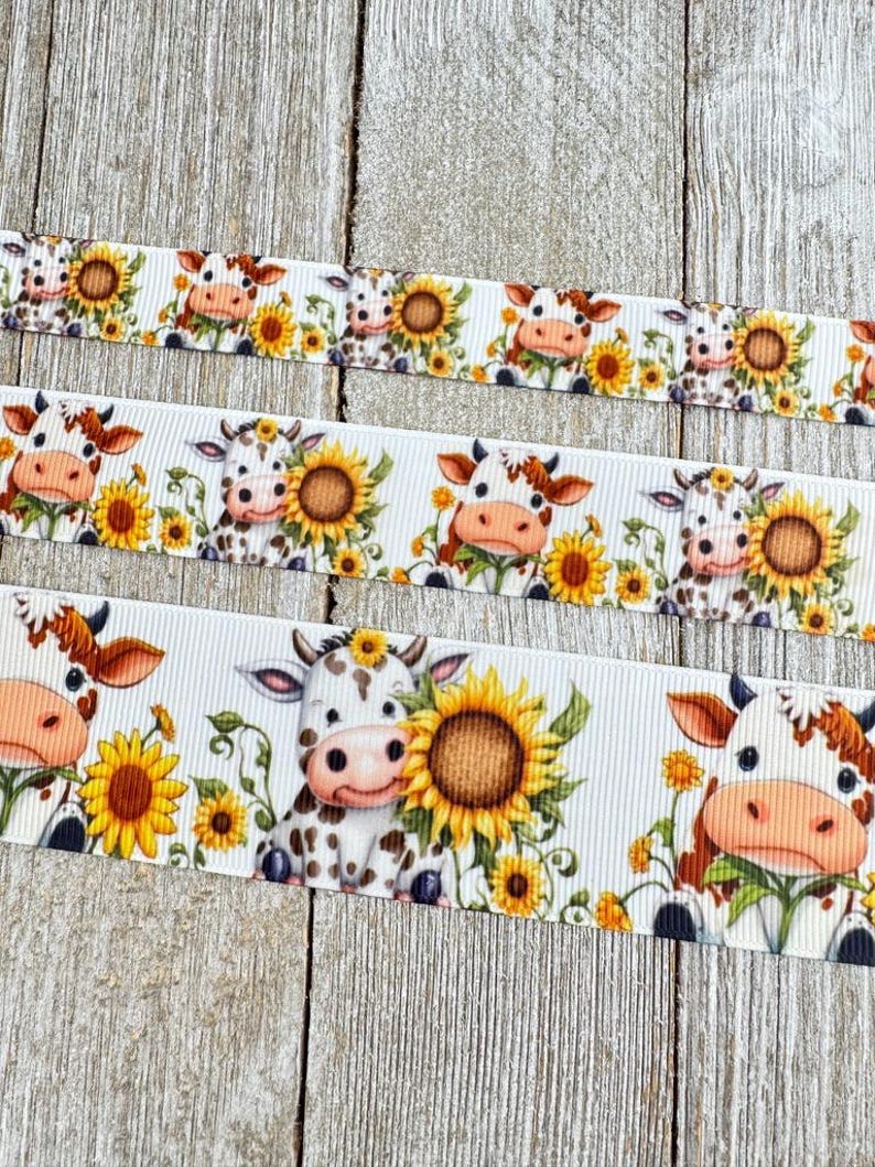 Cow & Sunflower Print Animal Grosgrain Printed Ribbon - 5/8