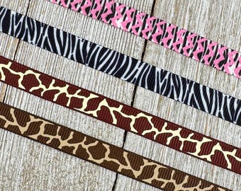 3/8" - Choice of Four Animal Printed Grosgrain Ribbon - 3/8 Inch - Sew - Craft - Decor - Party Favor - Gift Wrap - Narrow Ribbon -