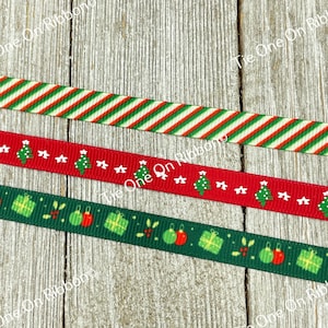 3/8 &quot;Wahl der dünnen Weihnachtsstreifen, Bäume auf Rot, Geschenke auf Grün gedrucktes Ripsband - Handwerk - Geschenkverpackung - Partybevorzugung - Schleife