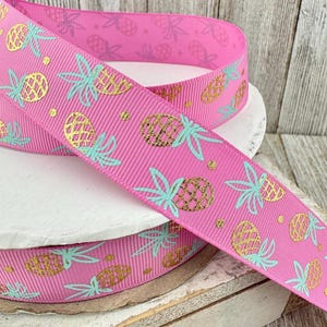 Pastel & Gold Foil Pineapples Printed on Solid Pink Grosgrain Ribbon - 1" - Craft - Bows - Wreath - Dog Collar - Gift Tag - Luggage Tag
