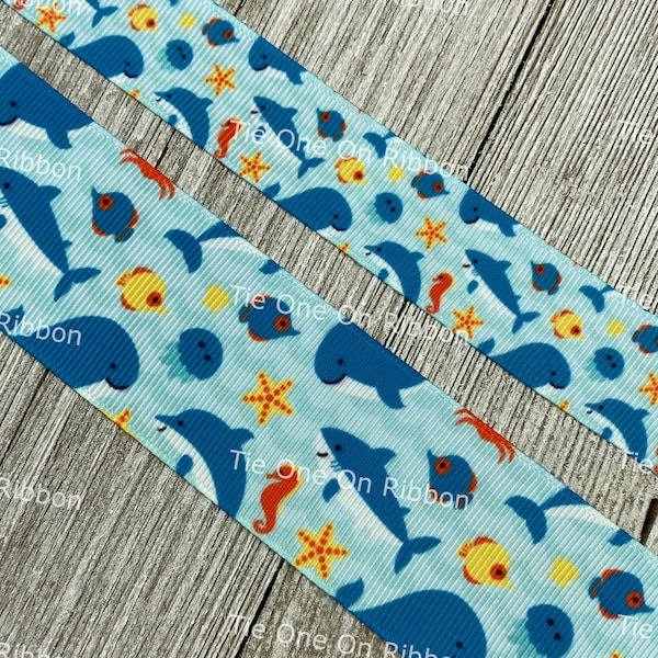 Dolphin Whale Fish Ocean Print Grosgrain Ribbon - 7/8" - 1.5" - Sew - Craft - Decor - Tags - Key Fobs - Bows - Collars - Party - Lanyard